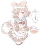  &gt;:o 1girl :o alternate_costume animal_ears apron basket blush cup grey_hair jewelry mitsumoto_jouji mouse mouse_ears mouse_tail nazrin open_mouth pendant red_eyes ribbon saucer short_hair sweatdrop tail teacup teapot thigh-highs touhou 