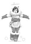  1girl :d belt belt_pouch black-framed_glasses blush boots breasts canteen coat copyright_name full_body fur_coat fur_trim glasses gloves hair_bun hair_ornament hairpin highres looking_at_viewer mei_(overwatch) open_mouth outstretched_arms overwatch parka puyo shoes short_hair simple_background smile solo spiked_shoes spikes standing teeth white_background winter_clothes winter_coat 