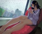  1girl bare_legs barefoot blue_eyes blue_hair blurry collarbone couch cup depth_of_field dress_shirt holding holding_cup indoors juz krt_girls long_hair looking_to_the_side perspective rain shirt side_ponytail sitting steam window xiao_qiong 