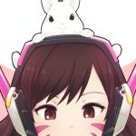  1girl animal animal_on_head armor bangs brown_eyes brown_hair bunny_on_head d.va_(overwatch) face facepaint facial_mark headphones long_hair looking_down lowres overwatch rabbit simple_background solo swept_bangs whisker_markings white_background 