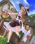  1girl :d animal arch back bag bangs basket bird black_hat black_shoes black_skirt black_vest blonde_hair blue_ribbon blue_sky bow braid brown_eyes building clouds door dove dutch_angle feathers frills from_behind from_below grass hat hat_ribbon highres house kirisame_marisa lace-trimmed_skirt leaf light_brown_hair long_hair muireko mushroom open_mouth outdoors plant profile puffy_short_sleeves puffy_sleeves revision ribbon ribbon-trimmed_sleeves ribbon_trim sash shirt shoes short_sleeves single_braid skirt skirt_set sky smile socks solo stairs touhou tree upskirt vest vines walking white_bow white_legwear white_shirt window witch_hat wrist_cuffs 