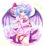  1girl :q ascot barefoot bat_wings blue_hair blush brooch cedama center_frills fingernails frilled_legwear frilled_shirt_collar frilled_skirt frills hat hat_ribbon highres jewelry leg_ribbon leg_up looking_at_viewer mob_cap petticoat pink_eyes puffy_short_sleeves puffy_sleeves red_ribbon remilia_scarlet revision ribbon short_sleeves single_thighhigh skirt skirt_hold skirt_set smile solo thigh-highs tongue tongue_out touhou white_legwear wings wrist_cuffs 