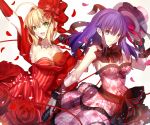  2girls ahoge bare_shoulders blonde_hair bow breasts choker cleavage elbow_gloves fate/stay_night fate_(series) flower gloves green_eyes hair_ornament hat jewelry large_breasts long_hair mashimasaki matou_sakura microphone multiple_girls necklace open_mouth pearl_necklace purple_hair ribbon rose saber short_hair skirt violet_eyes 