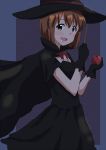  1girl apple black_dress black_hat breasts brown_eyes brown_hair cleavage dress food fruit hagiwara_yukiho hat holding idolmaster lieass looking_at_viewer open_mouth short_hair solo witch_hat 