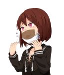  1girl brown_hair cross-laced_clothes gag gagged hoojiro_(found1093) improvised_gag long_sleeves mask mask_removed original pink_eyes sailor_collar school_uniform serafuku simple_background small_breasts solo surgical_mask tape tape_gag white_background 