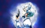  1girl aura braid derringer grey_eyes gun handgun izayoi_sakuya juliet_sleeves long_sleeves looking_at_viewer maid maid_headdress portrait puffy_sleeves revolver short_hair silver_hair sinzan solo touhou twin_braids weapon 