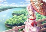  1girl bare_shoulders blue_sky braid clouds crab floral_print flower forest hair_flower hair_ornament japanese_clothes kimono kuuki_shoujo lake long_hair long_sleeves looking_at_viewer looking_back nature off_shoulder oriental_umbrella personification pink_eyes pink_hair railing revision sash sergestid_shrimp_in_tungkang shimokirin sky smile solo umbrella wide_sleeves 