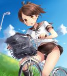  1girl absurdres basket bicycle bicycle_basket bicycle_riding blush brown_eyes brown_hair clouds ground_vehicle hair_ribbon highres kantai_collection long_hair neit_ni_sei open_mouth outdoors panties pantyshot pantyshot_(sitting) ponytail ribbon riding school_uniform serafuku shikinami_(kantai_collection) sitting skirt sky solo underwear white_panties 