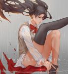  1girl aqua_eyes backlighting bare_legs black_legwear black_ribbon bow bowtie brown_hair closed_mouth copyright_name dressing fate/stay_night fate_(series) grey_background hair_ribbon highres knee_up leg_up long_sleeves looking_down mizu_(dl7613) pink_lips rain red_bow red_bowtie ribbon see-through shirt simple_background sitting solo sunlight sweater_vest thigh-highs toosaka_rin twintails water wet wet_clothes wet_hair wet_shirt white_shirt 