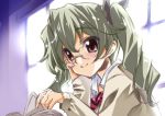  1girl alternate_costume anchovy bespectacled blush book brown_eyes drill_hair girls_und_panzer glasses green_hair hair_ribbon hand_on_own_face head_rest holding_paper long_hair long_sleeves looking_at_viewer open_book ribbon rimless_glasses senomoto_hisashi smile solo twin_drills twintails window 