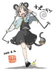  1girl 2016 animal_ears basket capelet dated dowsing_rod full_body grey_hair grey_skirt grey_vest inuno_rakugaki jewelry long_sleeves mary_janes mouse mouse_ears mouse_tail nazrin open_mouth pendant red_eyes running shoes short_hair simple_background skirt skirt_set socks solo tail touhou wavy_mouth white_background 