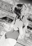  1girl :d ass back blush breasts kickboard long_hair looking_at_viewer looking_back monochrome nakajima_ryou night one-piece_swimsuit open_mouth original pool smile solo swimsuit teeth water wet 