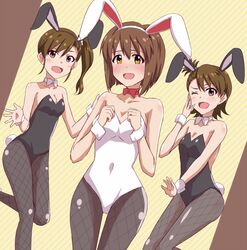  3girls animal_ears breasts brown_eyes brown_hair bunny_tail bunnysuit cleavage collar collarbone covered_navel futami_ami futami_mami hagiwara_yukiho hair_ornament idolmaster lieass long_hair looking_at_viewer multiple_girls one_eye_closed open_mouth pantyhose rabbit_ears short_hair side_ponytail strapless tail 