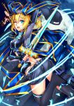  1girl ;o absurdres alternate_costume arm_up ass bangs baseball_cap black_boots black_hat black_legwear black_shorts blonde_hair blue blue_ribbon boots dual_wielding eyebrows eyebrows_visible_through_hair eyelashes fate/grand_order fate_(series) fingerless_gloves firebate gloves glowing glowing_sword glowing_weapon hair_between_eyes hat hat_removed headwear_removed heroine_x highres holding holding_sword holding_weapon jacket jacket_removed long_hair long_sleeves looking_back moon motion_blur night night_sky one_eye_closed ponytail ribbon rojiura_satsuki_:_chapter_heroine_sanctuary saber scarf shorts sky solo sword thigh-highs thigh_boots track_jacket weapon 