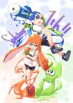  1boy 1girl anniversary bangs bike_shorts black_shorts blue_eyes blue_hair blue_shoes blunt_bangs copyright_name domino_mask grin gurande_(g-size) highres holding holding_weapon ink_tank_(splatoon) inkling jumping looking_at_another looking_at_viewer mask open_mouth orange_eyes orange_hair orange_shoes paint_splatter pointy_ears print_shirt running shirt shoes short_sleeves shorts single_vertical_stripe smile sneakers splat_roller_(splatoon) splatoon splattershot_(splatoon) squid t-shirt tentacle_hair topknot weapon white_background white_shirt 