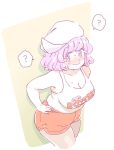  1girl ? blush breasts cleavage from_above hand_on_hip hat hooters large_breasts lavender_hair letty_whiterock mitsumoto_jouji parody pig plump short_hair short_shorts shorts simple_background sketch spoken_question_mark sweat touhou violet_eyes wavy_mouth 