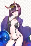  1girl blush breasts eyebrows eyebrows_visible_through_hair fangs fate/grand_order fate_(series) fujisaka_kuuki hair_ornament horns japanese_clothes kimono large_breasts looking_at_viewer navel off_shoulder oni open_clothes open_kimono open_mouth purple_hair short_eyebrows short_hair shuten_douji_(fate/grand_order) smile solo violet_eyes 