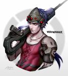  1boy character_name cigarette collarbone dated ear_studs earrings genderswap genderswap_(ftm) gun head_mounted_display jewelry long_hair looking_at_viewer lucha_cha male male_focus mouth_hold necklace overwatch ponytail purple_hair signature solo upper_body very_long_hair weapon widowmaker_(overwatch) yellow_eyes 