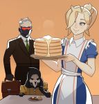  1girl apron blonde_hair blue_eyes briefcase formal high_ponytail highres hood hooded_jacket jacket mask mercy_(overwatch) necktie overwatch pancake ponytail reaper_(overwatch) scar short_hair simple_background smile soldier:_76_(overwatch) splashbrush suit visor white_hair 