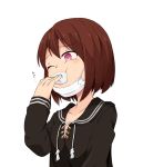  1girl brown_hair cross-laced_clothes full_mouth gag gagging holding hoojiro_(found1093) long_sleeves mask mask_removed one_eye_closed original pink_eyes sailor_collar school_uniform serafuku simple_background small_breasts solo surgical_mask sweatdrop white_background 