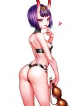  1girl :p alcohol arched_back arm_at_side ass bangs bare_shoulders blunt_bangs bob_cut breasts cowboy_shot eyelashes fate/grand_order fate_(series) finger_licking finger_to_mouth from_behind gourd hair_ornament heart highres holding horns jewelry licking looking_at_viewer looking_back miurika oni oni_horns purple_hair revealing_clothes short_hair shuten_douji_(fate/grand_order) sideboob small_breasts solo standing string thong tongue tongue_out violet_eyes 