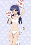  1girl animal_ears bell blue_hair bra breasts brown_hair cat_ears cat_tail cleavage collar collarbone groin idolmaster kisaragi_chihaya lieass long_hair open_mouth panties small_breasts solo tail underwear white_bra white_panties 