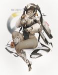  1girl armored banana bangs black_hair blush boots breasts character_name copyright_name covered_nipples eating food fruit gauntlets genderswap genderswap_(mtf) glasses hong jetpack knee_boots large_breasts long_hair long_twintails looking_at_viewer overwatch peanut sitting solo swept_bangs thighs twintails very_long_hair winston_(overwatch) 