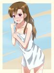  1girl breasts brown_eyes brown_hair cleavage collarbone futami_mami idolmaster lieass long_hair looking_at_viewer naked_towel open_mouth solo towel 