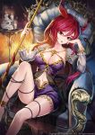  1girl anklet armchair barefoot breasts candle chair chin_rest cleavage demon_girl hair_between_eyes halloween head_tilt highres horns jewelry kinchee knee_up large_breasts lipstick long_hair looking_at_viewer makeup navel original red_eyes redhead shorts skull snake solo staff 