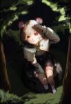  1girl absurdres animal_ears capelet dutch_angle from_above full_body grey_hair heoningu highres jewelry long_sleeves looking_at_viewer mouse_ears nazrin necklace parted_lips red_eyes shirt short_hair sitting skirt skirt_set solo touhou tree_shade vest white_legwear 