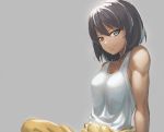  1girl arms_at_sides bangs black_hair blue_eyes breasts closed_mouth clothes_around_waist girls_und_panzer grey_background hair_between_eyes hoshino_(girls_und_panzer) jumpsuit looking_at_viewer ranma_(kamenrideroz) shade shirt short_hair simple_background sitting smile solo tank_top toned white_shirt 