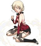  a1 bangs between_legs blonde_hair blue_eyes boots bra broken_cup commentary_request darjeeling girls_und_panzer hair_between_eyes hair_up hand_between_legs one_eye_closed open_mouth sitting skirt thigh-highs torn_clothes torn_jacket torn_skirt torn_thighhighs translation_request underwear wariza 