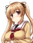  1girl breasts brown_eyes cardigan don_(29219) hair_ornament hair_ribbon kantai_collection light_brown_hair long_hair murasame_(kantai_collection) red_eyes ribbon school_uniform solo twintails 