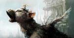  1boy child closed_eyes creature e.h._macmillan fantasy feathers griffin highres mini_wings open_mouth riding size_difference the_last_guardian trico_(character) 