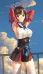  1girl arm_behind_head armpits arms_behind_head bandaged_leg blue_sky breasts brown_hair clouds cowboy_shot highres koutetsujou_no_kabaneri large_breasts looking_at_viewer mumei_(kabaneri) red_eyes revision short_hair sideboob sky smile solo thighs tsukikanade 