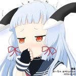 1girl 2016 artist_name bangs black_gloves blunt_bangs blush covering_mouth dated directional_arrow fingerless_gloves floating_object gloves hair_ribbon hand_on_own_face hand_up headgear jitome kantai_collection long_hair looking_down miicha murakumo_(kantai_collection) nose_blush orange_eyes red_ribbon ribbon sailor_collar sidelocks silver_hair simple_background solo text translation_request upper_body white_background wrist_cuffs 