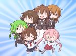  &gt;:&lt; &gt;_&lt; &gt;o&lt; 6+girls :d ahoge anchor_symbol arms_up belt black_legwear black_serafuku blazer blush bow bowtie brown_hair closed_eyes crescent crescent_hair_ornament crescent_moon_pin double_bun dress fumizuki_(kantai_collection) glasses green_hair hair_between_eyes hair_ornament inazuma_(kantai_collection) jacket kantai_collection kneehighs long_hair long_sleeves looking_at_viewer makigumo_(kantai_collection) masaki_itsuki mochizuki_(kantai_collection) multiple_girls nagatsuki_(kantai_collection) neckerchief necktie open_mouth outstretched_arms pantyhose pink_hair pleated_skirt ponytail pose purple_legwear school_uniform serafuku shirt short_hair skirt sleeveless sleeveless_dress sleeves_past_wrists smile thigh-highs twintails wakaba_(kantai_collection) white_legwear white_necktie white_shirt |_| 