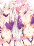  2girls alternate_costume bare_shoulders blush braid breasts cleavage collar collarbone demon_girl demon_horns detached_sleeves fate/grand_order fate_(series) hair_between_eyes hair_over_one_eye half-closed_eyes horns irisviel_von_einzbern_(cosplay) jirou_(tamaho39) large_breasts long_hair looking_at_another looking_at_viewer lying multiple_girls navel navel_cutout olga_marie on_back open_mouth pink_hair revision shielder_(fate/grand_order) short_hair silver_hair stomach succubus thigh-highs violet_eyes 