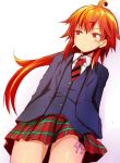  1boy blazer blush crossdressinging fate/grand_order fate_(series) from_below jacket long_hair looking_to_the_side necktie orange_eyes orange_hair otoko_no_ko panties pink_panties plaid plaid_skirt rama_(fate/grand_order) school_uniform sen_(astronomy) side-tie_panties sketch skirt solo sweatdrop underwear 