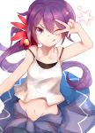  &gt;_o 1girl absurdres akebono_(kantai_collection) alternate_costume bell flower hair_bell hair_flower hair_ornament highres kantai_collection long_hair navel one_eye_closed purple_hair ranf side_ponytail simple_background solo violet_eyes 