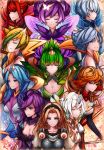  6+girls alternate_costume alternate_hair_color armor blonde_hair blue_eyes blue_hair breastplate breasts butterfly_hair_ornament cleavage closed_eyes elementalist_lux gloves green_eyes green_hair hair_ornament hairband highres ineonbeati large_breasts league_of_legends long_hair luxanna_crownguard multicolored_hair multiple_girls multiple_persona purple_hair red_eyes redhead short_hair silver_hair smile staff two-tone_hair violet_eyes watermark 