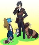  2boys animalization armor black_gloves black_hair blue_hair closed_eyes dog eyepatch flying_sweatdrops gloves japanese_armor kasen_kanesada looking_back male_focus multiple_boys necktie ookurikara open_mouth ponytail samosuke sayo_samonji shokudaikiri_mitsutada smile sode taikogane_sadamune tail_wagging touken_ranbu 