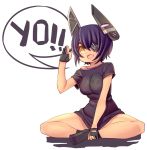  1girl alternate_costume breasts casual cleavage commentary dark_skin eyepatch fang fingerless_gloves gloves indian_style kantai_collection moeroknight purple_hair shirt short_hair sitting skull_print solo speech_bubble t-shirt tenryuu_(kantai_collection) yellow_eyes 