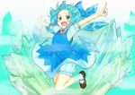  1girl :d artist_request black_shoes blue_dress blue_eyes blue_hair bow cirno dress fang fog full_body ice ice_wings jumping open_mouth puffy_sleeves ribbon shoes smile solo touhou wings 