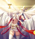  1girl bare_shoulders breasts cleavage closed_eyes crown detached_sleeves dress_of_heaven fate/grand_order fate_(series) glowing grail holy_grail impossible_clothes irisviel_von_einzbern jewelry large_breasts long_hair navel necklace open_mouth skindentation solo thigh-highs tsukikanade white_hair wide_sleeves 