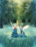  2girls arms_up blue_dress blue_hair blurry cirno closed_eyes daiyousei dress fairy_wings forest frog frozen green_hair hair_ornament hair_ribbon ice ice_wings landscape multiple_girls nature on_ground open_mouth puffy_sleeves red_(girllove) ribbon scenery short_hair short_sleeves side_ponytail sitting smile socks touhou tree wings 