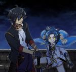  &gt;:q 2boys black_gloves blue_hair brown_hair cape feathers gloves hair_feathers katana male_focus multiple_boys ookurikara rooftop samosuke sky smile star_(sky) starry_sky sword taikogane_sadamune tantou tattoo tongue tongue_out touken_ranbu weapon yellow_eyes 