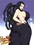  1girl agawa_ryou black_dress black_hair bracelet breasts dress huge_breasts jewelry long_hair looking_at_viewer open-back_dress parted_lips red_eyes smile solo thick_thighs thighs wide_hips 