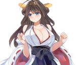  1girl bare_shoulders blue_eyes breasts brown_hair cleavage kantai_collection kongou_(kantai_collection) large_breasts long_hair simple_background white_background yostxxx 