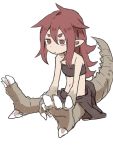  1girl absurdres between_legs brown_eyes brown_hair claws commentary eyebrows fur hand_between_legs highres lizard_girl lizard_tail navel pointy_ears skirt tail white_background yamamoto_souichirou 